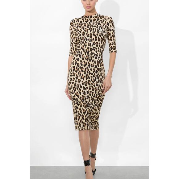 Alice + Olivia Delora Fitted Leopard Midi Dress - Size 2 - Picture 1 of 8